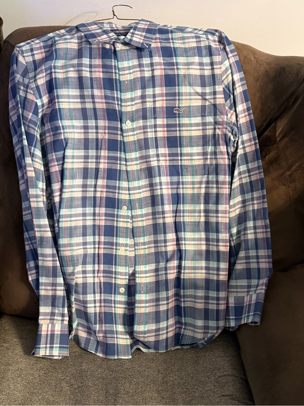 Vineyard Vines Navy and Light Blue Plaid Button-Down Shirt